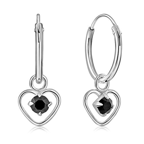 DTPsilver® KLEINE Creolen Ohrringe 925 Sterling Silber mit 3 mm Swarovski® Elements Kristall - Herzform - Mädchen - Dicke 1.2 mm - Durchmesser 12 mm - Farbe : Schwarz von DTPsilver