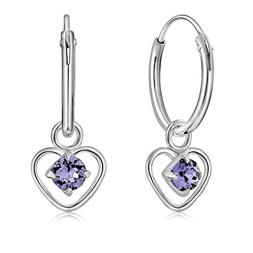 DTPsilver® KLEINE Creolen Ohrringe 925 Sterling Silber mit 3 mm Kristall - Herzform - Mädchen - Dicke 1.2 mm - Durchmesser 12 mm - Farbe : Tansanit von DTPsilver