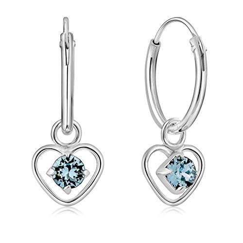 DTPsilver® KLEINE Creolen Ohrringe 925 Sterling Silber mit 3 mm Kristall - Herzform - Mädchen - Dicke 1.5 mm - Durchmesser 14 mm - Farbe : Aquamarin von DTPsilver