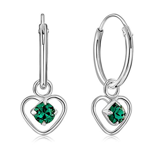 DTPsilver® KLEINE Creolen Ohrringe 925 Sterling Silber mit 3 mm Swarovski® Elements Kristall - Herzform - Mädchen - Dicke 1.5 mm - Durchmesser 14 mm - Farbe : Smaragd von DTPsilver