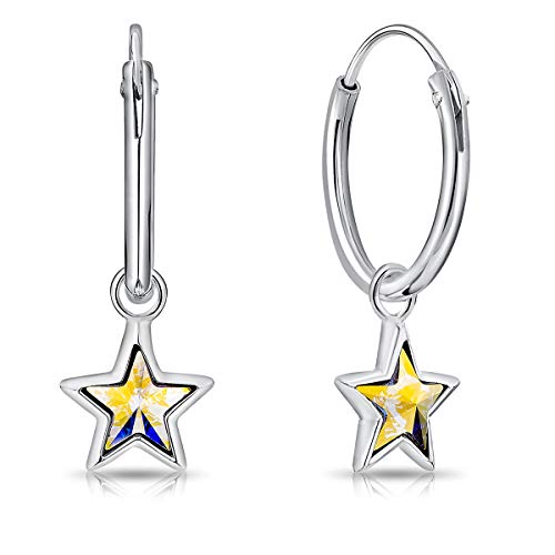 DTPsilver® KLEINE Creolen Ohrringe 925 Sterling Silber mit Baumeln Swarovski® Elements Kristall Stern - Dicke 1.5 mm - Durchmesser 14 mm - Stern Durchmesser: 7 mm - Farbe : Aurore Boreale von DTPsilver
