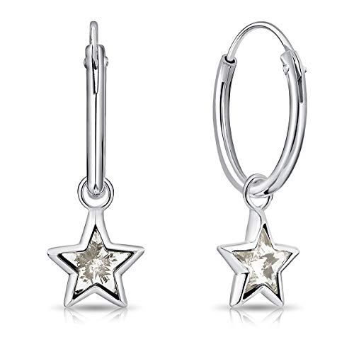 DTPsilver® KLEINE Creolen Ohrringe 925 Sterling Silber mit Baumeln Swarovski® Elements Kristall Stern - Dicke 1.5 mm - Durchmesser 14 mm - Stern Durchmesser: 7 mm - Farbe : Silver Shadow von DTPsilver