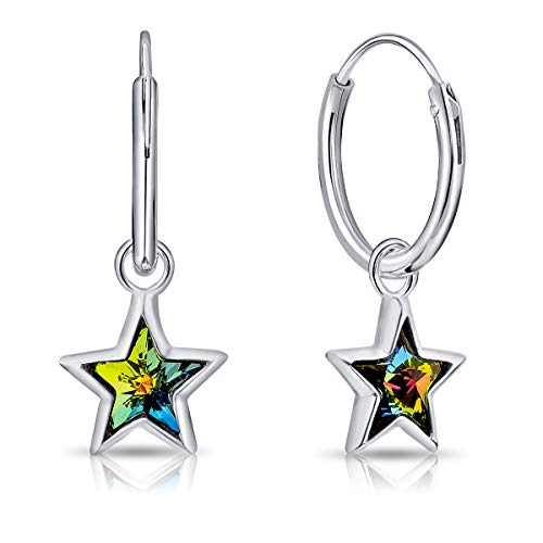 DTPsilver® KLEINE Creolen Ohrringe 925 Sterling Silber mit Baumeln Swarovski® Elements Kristall Stern - Dicke 1.5 mm - Durchmesser 14 mm - Stern Durchmesser: 7 mm - Farbe : Vitrail Medium von DTPsilver