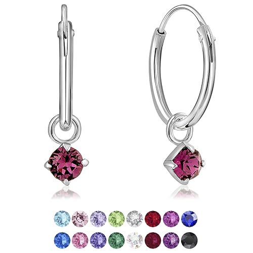 DTPsilver® KLEINE Creolen Ohrringe 925 Sterling Silber mit Baumelnde 3 mm Kristall - Mädchen - Dicke 1.5 mm - Durchmesser 14 mm - Farbe : Amethyst von DTPsilver