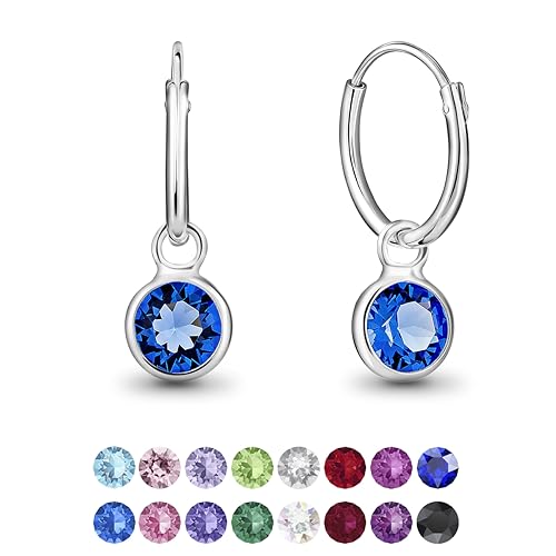 DTPsilver® KLEINE Creolen Ohrringe 925 Sterling Silber mit Kristall Rund - Mädchen - Dicke 1.2 mm - Durchmesser 12 mm - Farbe : Blauer Saphir von DTPsilver