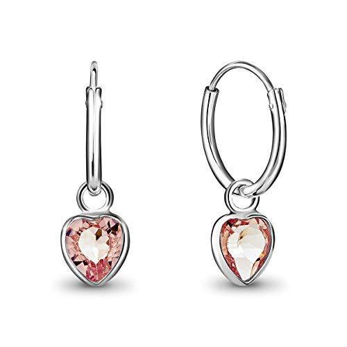 DTPsilver® KLEINE Creolen Ohrringe 925 Sterling Silber mit Kristall Herz - Mädchen - Dicke 1.5 mm - Durchmesser 14 mm - Farbe : Licht stieg von DTPsilver