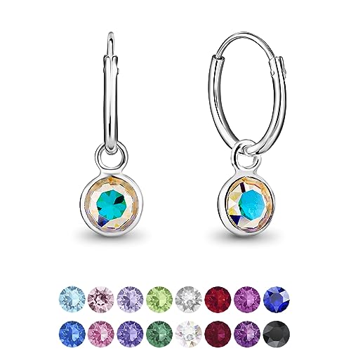DTPsilver® KLEINE Creolen Ohrringe 925 Sterling Silber mit Swarovski® Elements Kristall Rund - Mädchen - Dicke 1.2 mm - Durchmesser 12 mm - Farbe : Aurore Boreale von DTPsilver