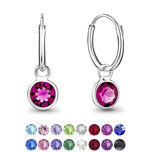 DTPsilver® KLEINE Creolen Ohrringe 925 Sterling Silber mit Kristall Rund - Mädchen - Dicke 1.2 mm - Durchmesser 12 mm - Farbe : Fuchsie von DTPsilver