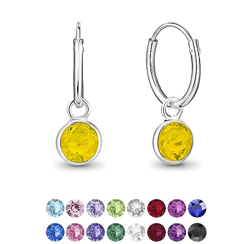 DTPsilver® KLEINE Creolen Ohrringe 925 Sterling Silber mit Swarovski® Elements Kristall Rund - Mädchen - Dicke 1.2 mm - Durchmesser 12 mm - Farbe : Gelber Opal von DTPsilver