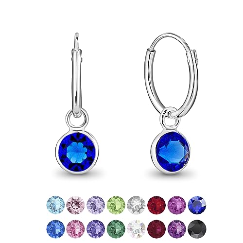 DTPsilver® KLEINE Creolen Ohrringe 925 Sterling Silber mit Swarovski® Elements Kristall Rund - Mädchen - Dicke 1.2 mm - Durchmesser 12 mm - Farbe : Majestätisches Blau von DTPsilver