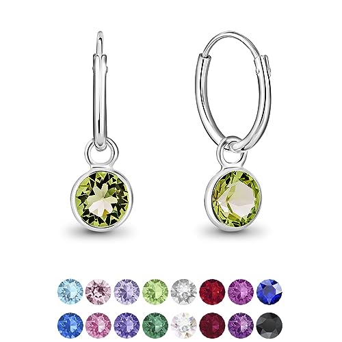 DTPsilver® KLEINE Creolen Ohrringe 925 Sterling Silber mit Kristall Rund - Mädchen - Dicke 1.2 mm - Durchmesser 12 mm - Farbe : Peridot von DTPsilver