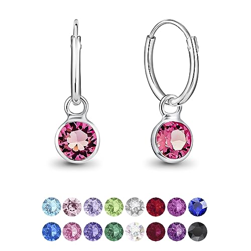 DTPsilver® KLEINE Creolen Ohrringe 925 Sterling Silber mit Swarovski® Elements Kristall Rund - Mädchen - Dicke 1.2 mm - Durchmesser 12 mm - Farbe : Rosa von DTPsilver