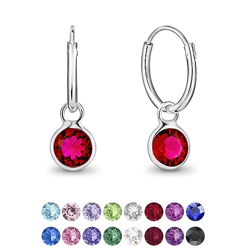 DTPsilver® KLEINE Creolen Ohrringe 925 Sterling Silber mit Swarovski® Elements Kristall Rund - Mädchen - Dicke 1.2 mm - Durchmesser 12 mm - Farbe : Rubin von DTPsilver