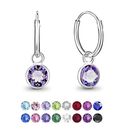 DTPsilver® KLEINE Creolen Ohrringe 925 Sterling Silber mit Kristall Rund - Mädchen - Dicke 1.2 mm - Durchmesser 12 mm - Farbe : Tansanit von DTPsilver