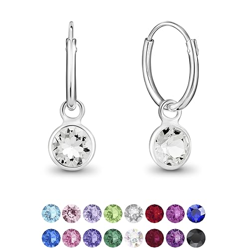 DTPsilver® KLEINE Creolen Ohrringe 925 Sterling Silber mit Swarovski® Elements Kristall Rund - Mädchen - Dicke 1.2 mm - Durchmesser 12 mm - Farbe : klare Kristalle von DTPsilver