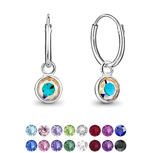 DTPsilver® KLEINE Creolen Ohrringe 925 Sterling Silber mit Swarovski® Elements Kristall Rund - Mädchen - Dicke 1.5 mm - Durchmesser 14 mm - Viele Farben erhältlich (Aurore Boreale) von DTPsilver