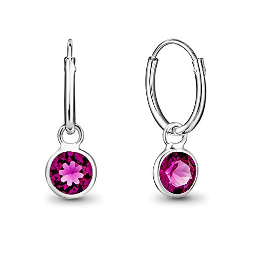 DTPsilver® KLEINE Creolen Ohrringe 925 Sterling Silber mit Kristall Rund - Mädchen - Dicke 1.5 mm - Durchmesser 14 mm - Farbe : Fuchsie von DTPsilver