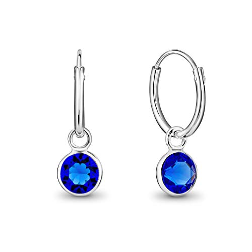 DTPsilver® KLEINE Creolen Ohrringe 925 Sterling Silber mit Swarovski® Elements Kristall Rund - Mädchen - Dicke 1.5 mm - Durchmesser 14 mm - Farbe : Majestätisches Blau von DTPsilver