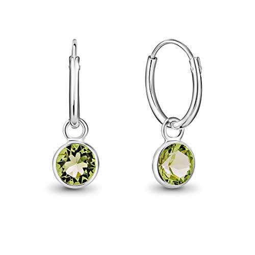 DTPsilver® KLEINE Creolen Ohrringe 925 Sterling Silber mit Kristall Rund - Mädchen - Dicke 1.5 mm - Durchmesser 14 mm - Farbe : Peridot von DTPsilver