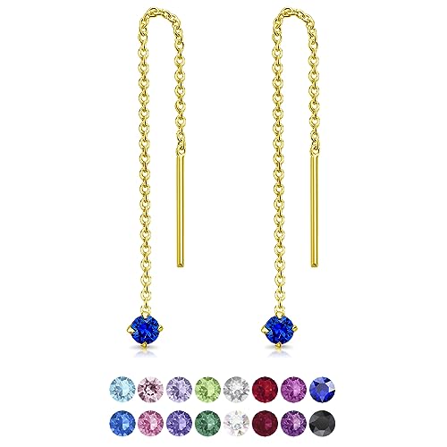 DTPsilver® KLEINE Durch Ohrringe ziehen 925 Sterling Silber Gelb Vergoldet mit Baumelnde 3 mm Swarovski® Elements Kristall - Farbe : Majestätisches Blau von DTPsilver