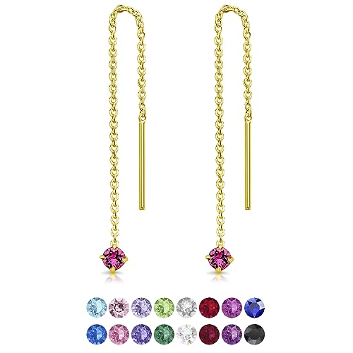 DTPsilver® KLEINE Durch Ohrringe ziehen 925 Sterling Silber Gelb Vergoldet mit Baumelnde 3 mm Swarovski® Elements Kristall - Farbe : Rosa von DTPsilver
