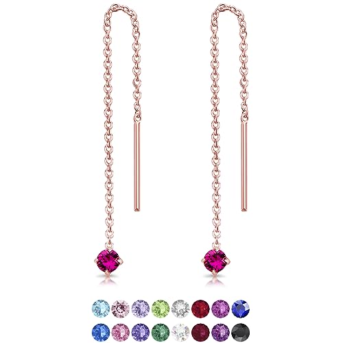 DTPsilver® KLEINE Durch Ohrringe ziehen 925 Sterling Silber Rosen-Gold überzogen mit Baumelnde 3 mm Swarovski® Elements Kristall - Farbe : Fuchsie von DTPsilver