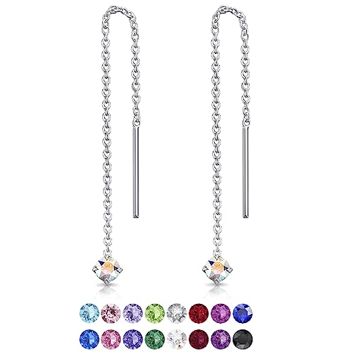 DTPsilver® KLEINE Durch Ohrringe ziehen 925 Sterling Silber mit Baumelnde 3 mm Swarovski® Elements Kristall - Farbe : Aurore Boreale von DTPsilver