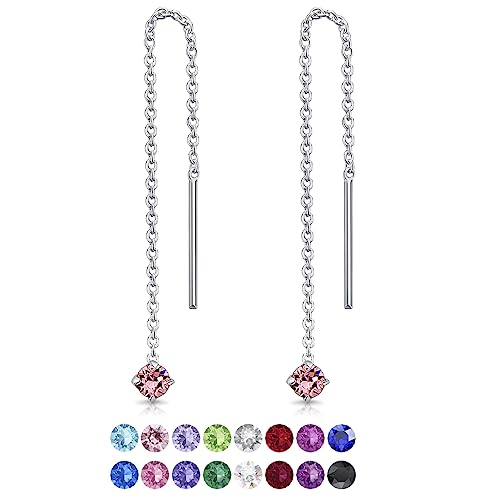 DTPsilver® KLEINE Durch Ohrringe ziehen 925 Sterling Silber mit Baumelnde 3 mm Swarovski® Elements Kristall - Farbe : Licht Stieg von DTPsilver