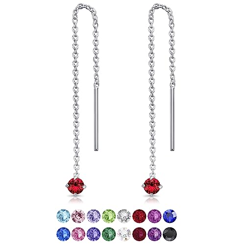 DTPsilver® KLEINE Durch Ohrringe ziehen 925 Sterling Silber mit Baumelnde 3 mm Swarovski® Elements Kristall - Farbe : Rubin von DTPsilver