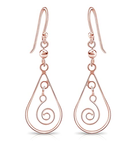 DTPsilver® KLEINE Haken Ohrringe 925 Sterling Silber und Rosen-Gold überzogen - Träne und Spiral - Ohrringe Messen 12 x 42 mm von DTPsilver
