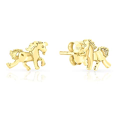 DTPsilver® KLEINE Ohrringe 925 Sterling Silber Gelb Vergoldet - Kinder - Einhorn Ohrstecker - Messung 11 x 7 mm von DTPsilver