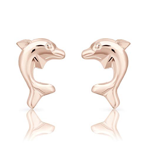 DTPsilver® KLEINE Ohrringe 925 Sterling Silber Rosen-Gold überzogen - Delfin Ohrstecker - Maße: 7 x 10 mm von DTPsilver