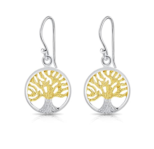 DTPsilver® KLEINE Ohrringe 925 Sterling Silber und Gelb Vergoldet Zweifarbig - Baumeln Baum des Lebens Hakenohrringe - Länge: 28 mm - Durchmesser: 14 mm von DTPsilver
