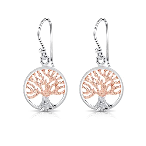 DTPsilver® KLEINE Ohrringe 925 Sterling Silber und Rosen-Gold überzogen Zweifarbig - Baumeln Baum des Lebens Hakenohrringe - Länge: 28 mm - Durchmesser: 14 mm von DTPsilver