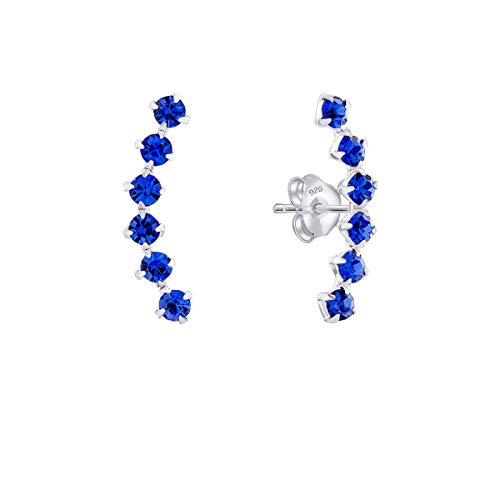 DTPsilver® Kleine Ohrringe 925 Sterling Silber - Gebogene Glitzernde Österreichischer Kristalle Ohrstecker - Maße: 4 x 19 mm - Farbe : Blauer Saphir von DTPsilver