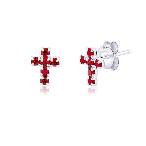 DTPsilver® Kleine Ohrringe 925 Sterling Silber - Kreuz und Glitzernde Österreichischer Kristalle Ohrstecker - Maße: 6 x 8 mm - Farbe : Light Siam Rot von DTPsilver