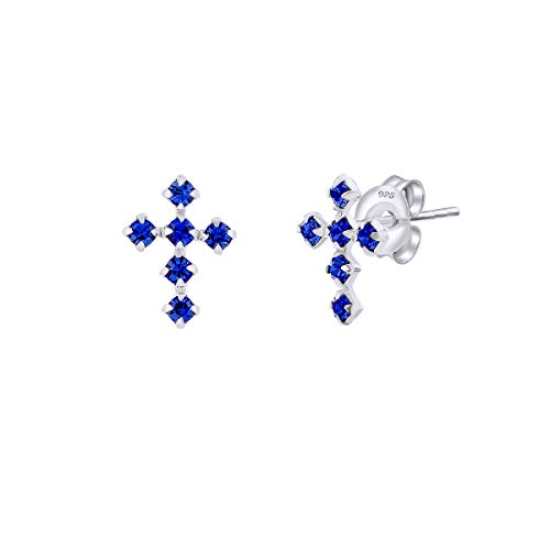 DTPsilver® Kleine Ohrringe 925 Sterling Silber - Kreuz und Glitzernde Österreichischer Kristalle Ohrstecker - Maße: 7.5 x 10 mm - Farbe : Blauer Saphir von DTPsilver