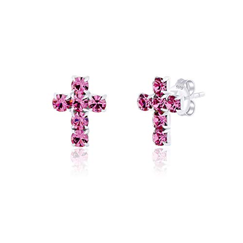 DTPsilver® Kleine Ohrringe 925 Sterling Silber - Kreuz und Glitzernde Österreichischer Kristalle Ohrstecker - Maße: 8 x 10 mm - Farbe : Fuchsie von DTPsilver