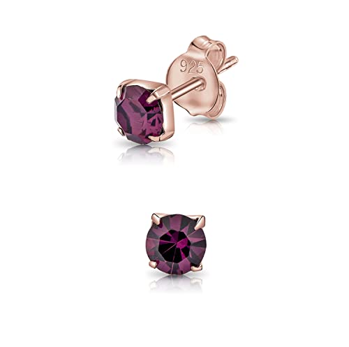 DTPsilver® WINZIGE Quadratischer Ohrringe 925 Sterling Silber Rosen-Gold überzogen mit Runde Kristallen von Swarovski® Elements - Sehr KLEINE Ohrstecker - Durchmesser 4 mm - Farbe : Amethyst von DTPsilver