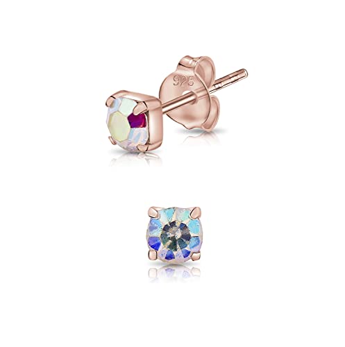 DTPsilver® WINZIGE Quadratischer Ohrringe 925 Sterling Silber Rosen-Gold überzogen mit Runde Kristallen von Swarovski® Elements - Sehr KLEINE Ohrstecker - Durchmesser 4 mm - Farbe : Aurore Boreale von DTPsilver