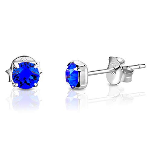 DTPsilver® WINZIGE Quadratischer Ohrringe 925 Sterling Silber mit Runde Kristallen von Swarovski® Elements - Sehr KLEINE Ohrstecker - Durchmesser 4 mm - Farbe : Majestätisches Blau von DTPsilver