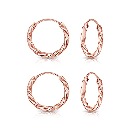 DTPsilver - 2 Paar Ohrringe - Klein Runde Creolen Verdrehte - 925 Sterling Silber Rosen-Gold überzogen - Helix/Tragus/Knorpel - Dicke 1.8 mm - Durchmesser 12 mm von DTPsilver