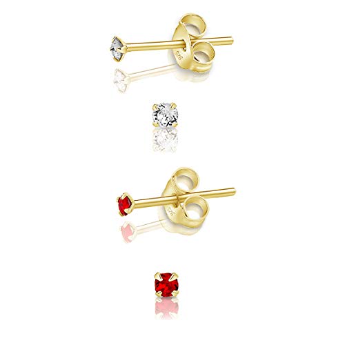DTPsilver - 2 Paar WINZIGE Ohrringe 925 Sterling Silber Gelb Vergoldet mit Kristallen von Swarovski® Elements Runde KLEINE Ohrstecker - Durchmesser 2 mm - Farbe : klare Kristalle + Light Siam Rot von DTPsilver