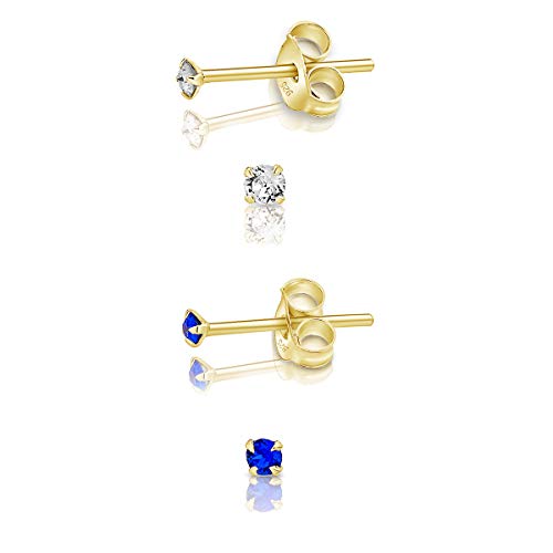 DTPsilver - 2 Paar WINZIGE Ohrringe 925 Sterling Silber Gelb Vergoldet mit Kristallen von Swarovski® Elements Runde KLEINE Ohrstecker - Durchmesser 2 mm - Farbe : klare Kristalle + Majestätisches Blau von DTPsilver