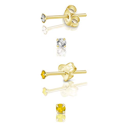 DTPsilver - 2 Paar WINZIGE Ohrringe 925 Sterling Silber Gelb Vergoldet mit Kristallen von Swarovski® Elements Runde Ohrstecker - Durchmesser 2 mm - Farbe : klare Kristalle + Gelber Opal Gelber Opal von DTPsilver