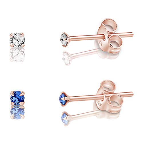 DTPsilver - 2 Paar WINZIGE Ohrringe 925 Sterling Silber Rosèvergoldet mit Kristallen von Swarovski® Elements Runde KLEINE Ohrstecker - Durchmesser 2 mm - Farbe : klare Kristalle + Blauer Saphir von DTPsilver