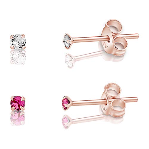 DTPsilver - 2 Paar WINZIGE Ohrringe 925 Sterling Silber Rosèvergoldet mit Kristallen von Swarovski® Elements Runde KLEINE Ohrstecker - Durchmesser 2 mm - Farbe : klare Kristalle + Rosa von DTPsilver