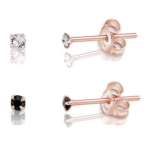 DTPsilver - 2 Paar WINZIGE Ohrringe 925 Sterling Silber Rosèvergoldet mit Kristallen von Swarovski® Elements Runde KLEINE Ohrstecker - Durchmesser 2 mm - Farbe : klare Kristalle + Schwarz von DTPsilver