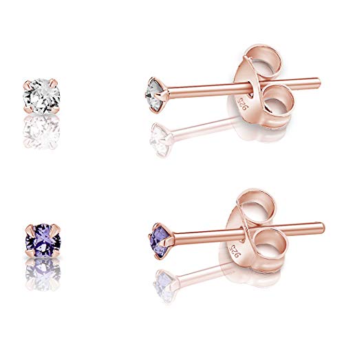 DTPsilver - 2 Paar WINZIGE Ohrringe 925 Sterling Silber Rosèvergoldet mit Kristallen von Swarovski® Elements Runde KLEINE Ohrstecker - Durchmesser 2 mm - Farbe : klare Kristalle + Tansanit von DTPsilver