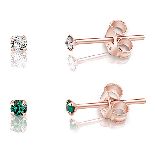 DTPsilver - 2 Paar WINZIGE Ohrringe 925 Sterling Silber Rosèvergoldet mit Kristallen von Swarovski® Elements Runde KLEINE Ohrstecker - Durchmesser 2 mm - Farbe: klare Kristalle + Smaragd von DTPsilver